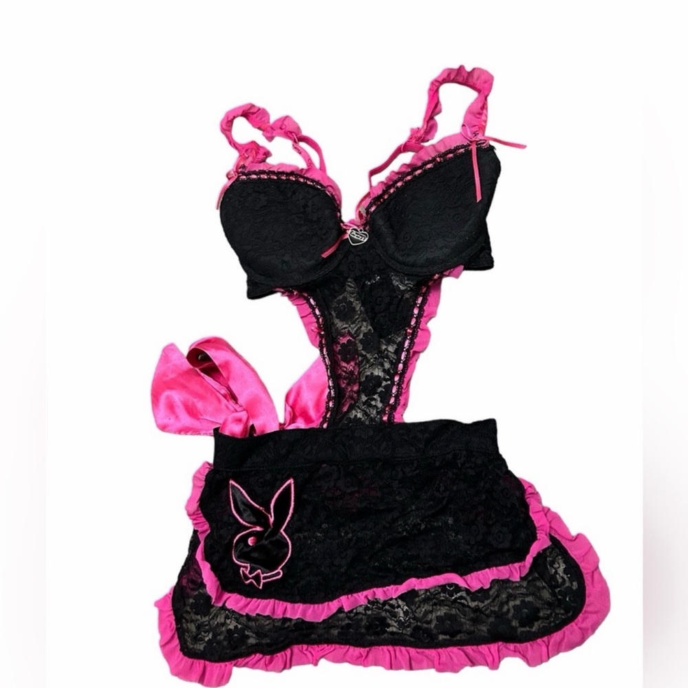 Pink & Black Playboy Apron | Lace Playboy Bunny Lingerie Silk Tie Size Small